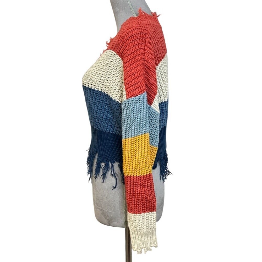Coco + Jaimeson Cropped Stripped Sweater S Multicolor Fringe Hem Spring Cozy - Picture 3 of 9